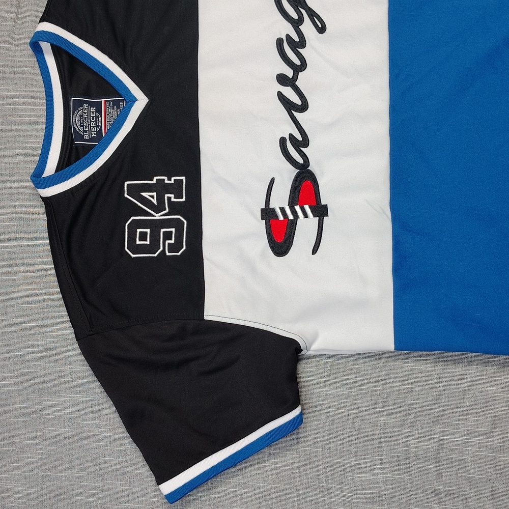 Bleecker Mercer Savage Jersey Shirt Size Large Blue White Black Spell Out - Picture 5 of 11